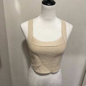House of Harlow 1960 Size LARGE Wide Criss Cross Strap Tan Ribbed Knit Crop Top